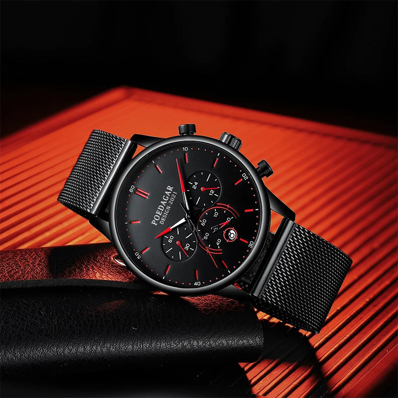 Poedagar Ultra Thin Mesh Belt Mens Watches Sports Chronograph Waterproof Luminous Watch for Men Top Luxury Quartz Wristwatch