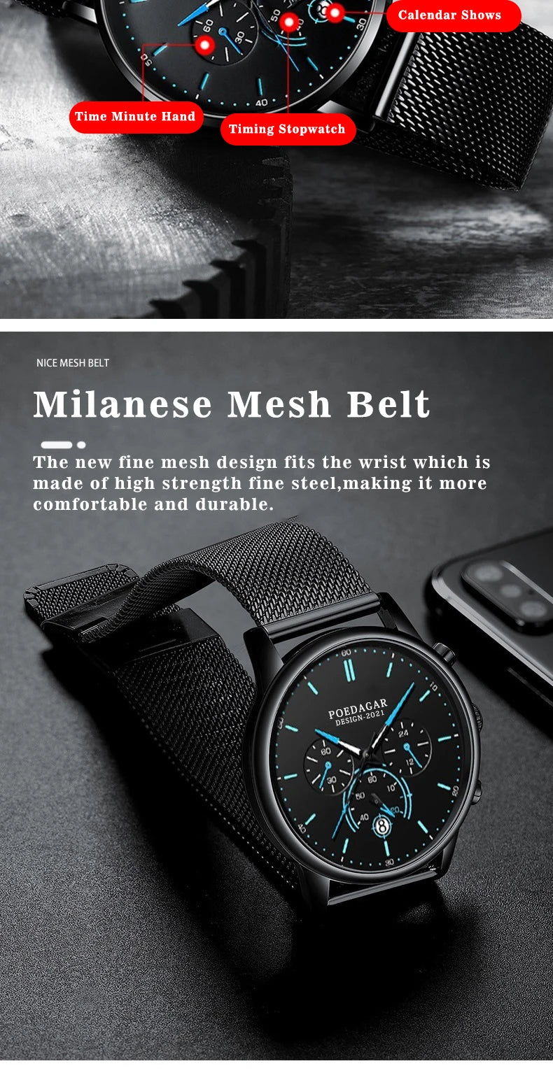 Poedagar Ultra Thin Mesh Belt Mens Watches Sports Chronograph Waterproof Luminous Watch for Men Top Luxury Quartz Wristwatch