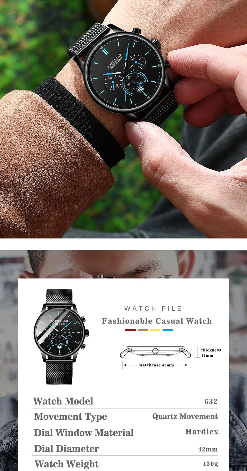 Poedagar Ultra Thin Mesh Belt Mens Watches Sports Chronograph Waterproof Luminous Watch for Men Top Luxury Quartz Wristwatch