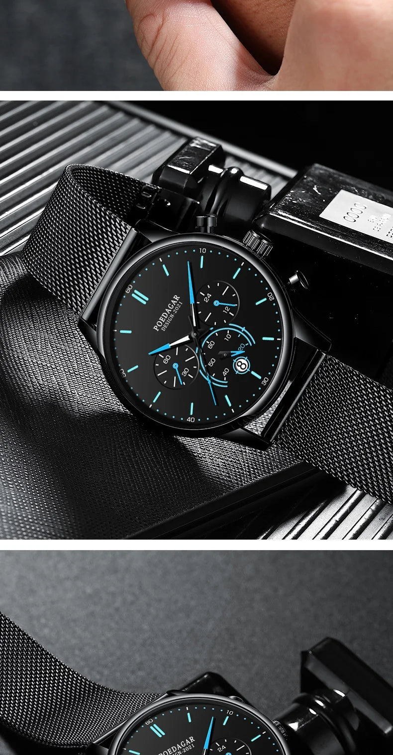 Poedagar Ultra Thin Mesh Belt Mens Watches Sports Chronograph Waterproof Luminous Watch for Men Top Luxury Quartz Wristwatch