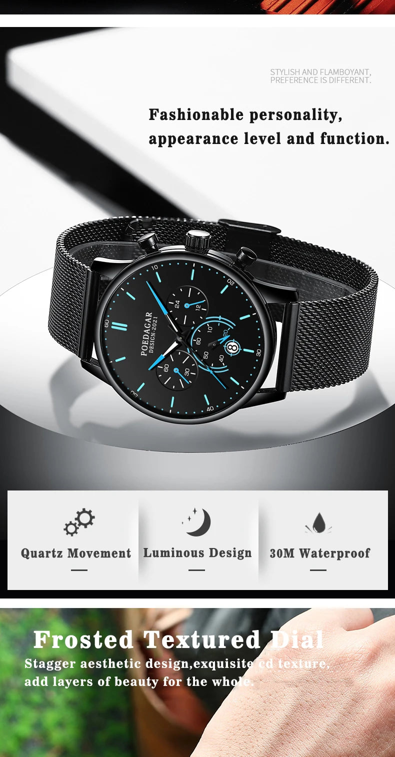 Poedagar Ultra Thin Mesh Belt Mens Watches Sports Chronograph Waterproof Luminous Watch for Men Top Luxury Quartz Wristwatch