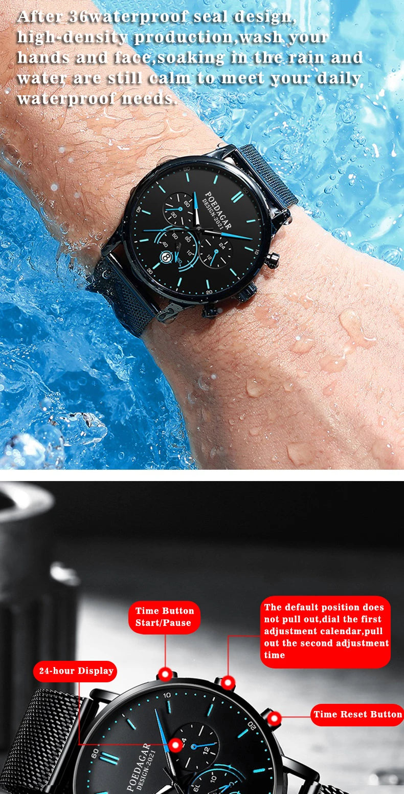 Poedagar Ultra Thin Mesh Belt Mens Watches Sports Chronograph Waterproof Luminous Watch for Men Top Luxury Quartz Wristwatch
