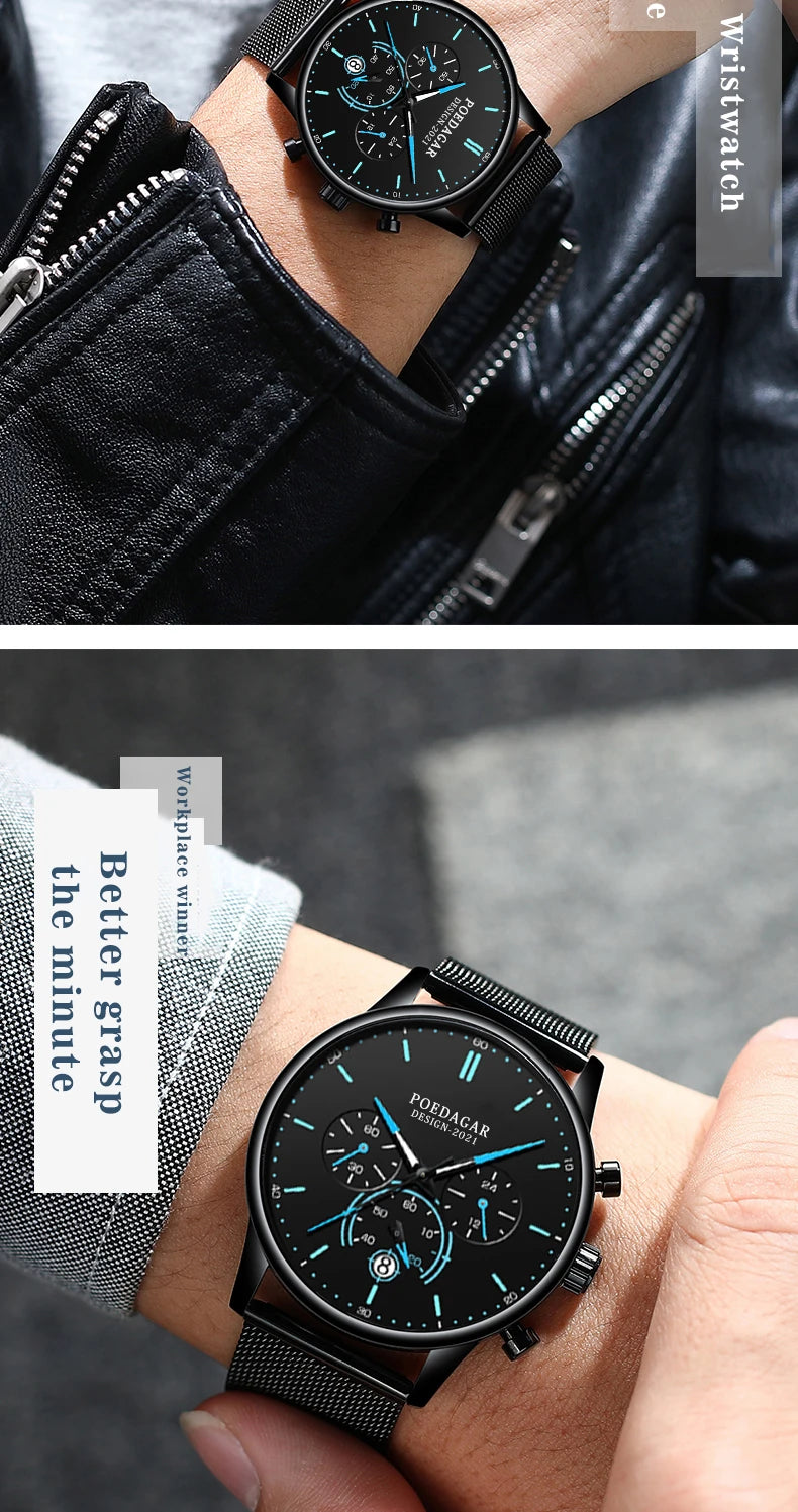 Poedagar Ultra Thin Mesh Belt Mens Watches Sports Chronograph Waterproof Luminous Watch for Men Top Luxury Quartz Wristwatch