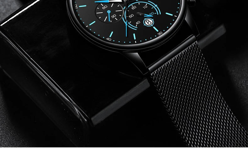Poedagar Ultra Thin Mesh Belt Mens Watches Sports Chronograph Waterproof Luminous Watch for Men Top Luxury Quartz Wristwatch
