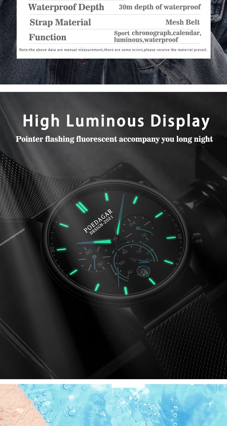 Poedagar Ultra Thin Mesh Belt Mens Watches Sports Chronograph Waterproof Luminous Watch for Men Top Luxury Quartz Wristwatch