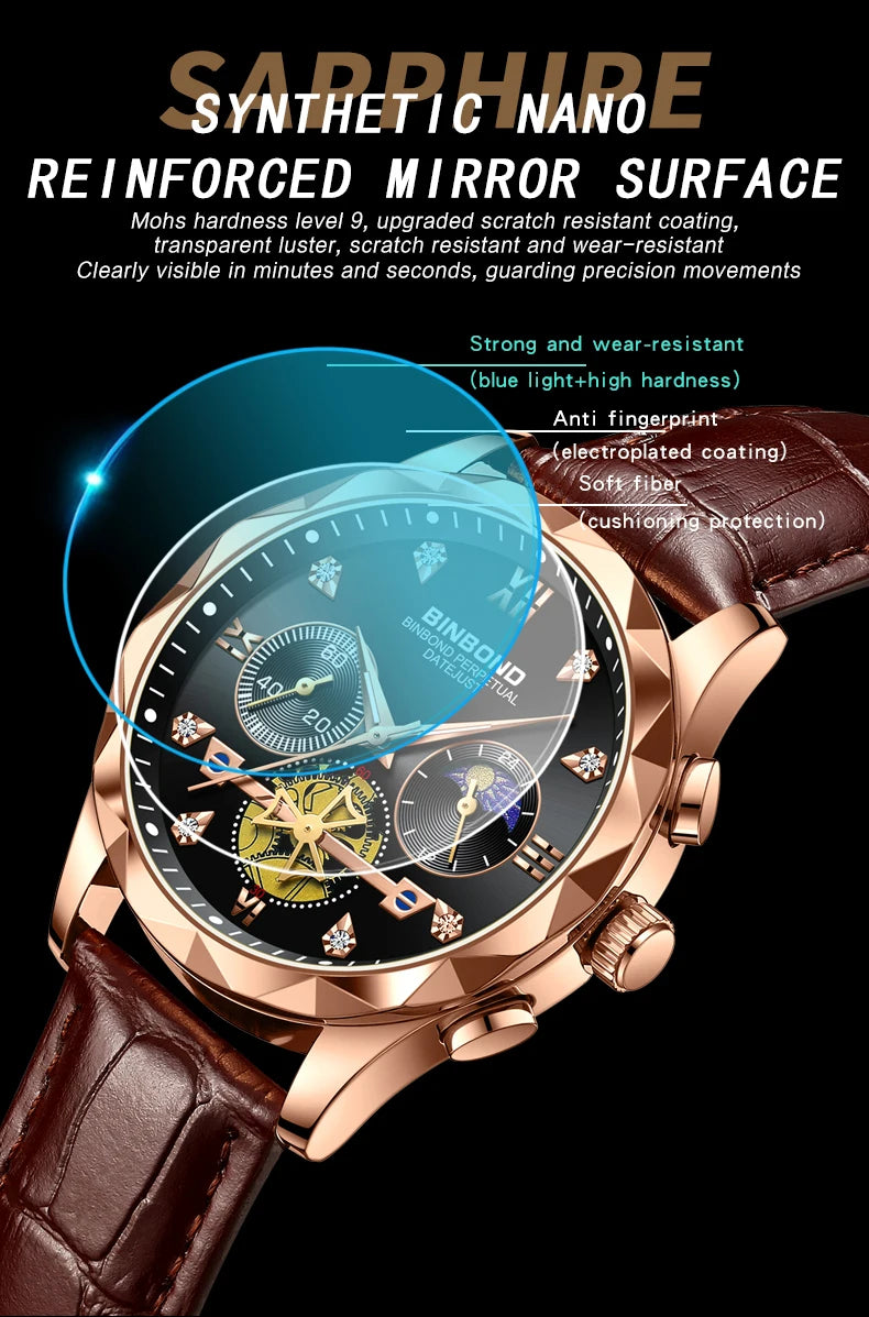 BINBOND Real Leather Strap Luxury Accurate Quartz Wristwatches For Men Luminous Waterproof Chronograph Men's Watch Sport Reloj