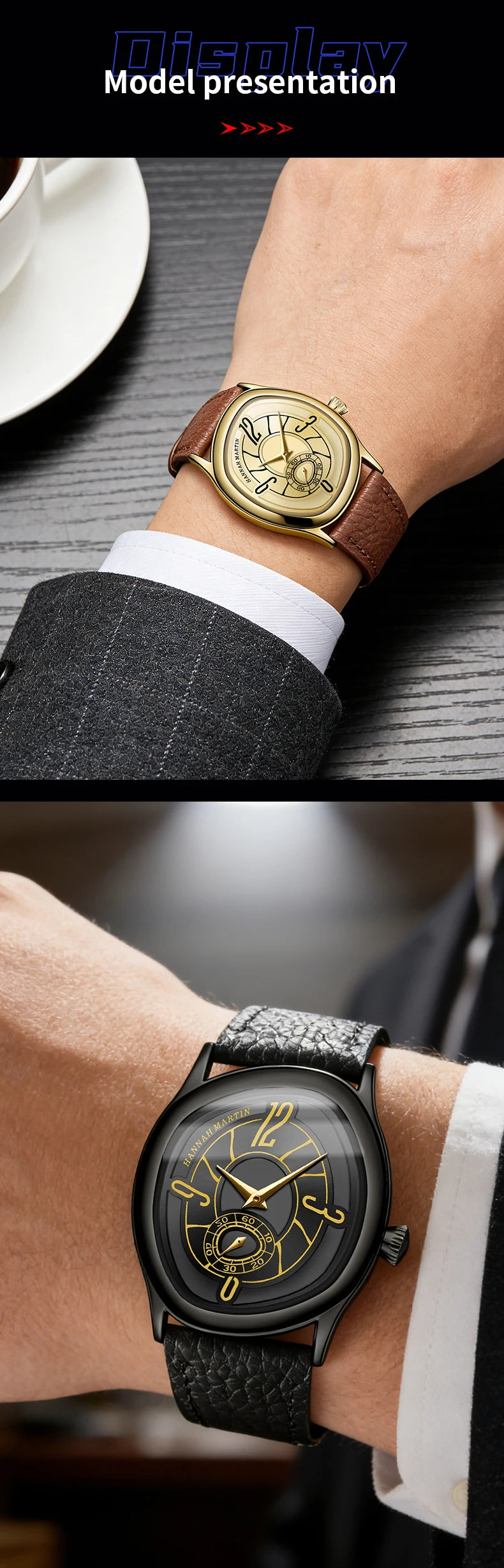 High Quality Genuine Leather Black Quartz Watch Men Fashion Business Trend Steel Waterproof Movement Boutique Men Casual Watch