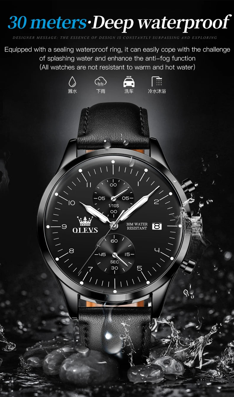 OLEVS 2880 Luxury Man Watch Simple Fashion Leather Strap Chronograph Auto Date Waterproof Luminous Hand Clock Quartz Watches Men