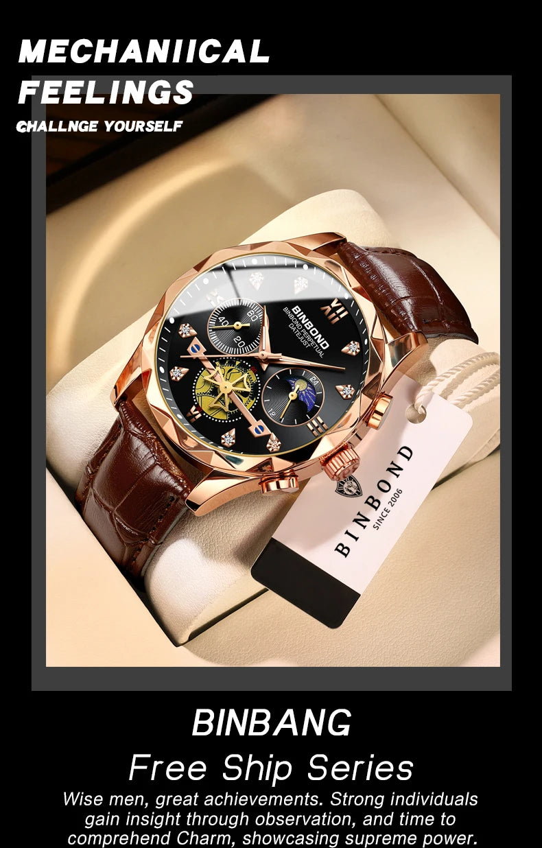 BINBOND Real Leather Strap Luxury Accurate Quartz Wristwatches For Men Luminous Waterproof Chronograph Men's Watch Sport Reloj