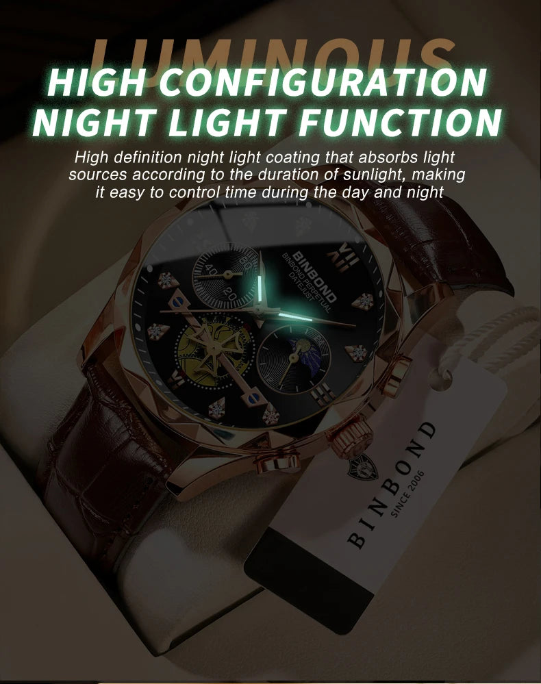 BINBOND Real Leather Strap Luxury Accurate Quartz Wristwatches For Men Luminous Waterproof Chronograph Men's Watch Sport Reloj