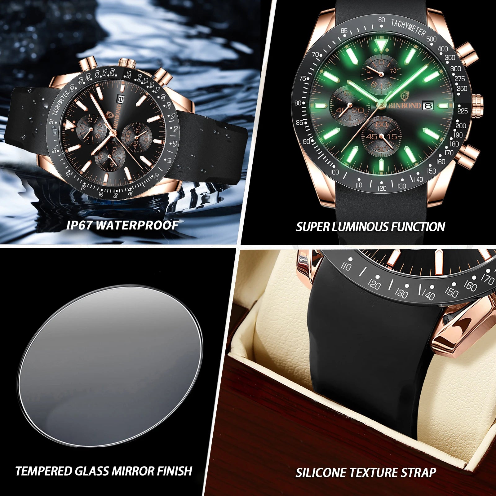 BINBOND Luxury Luminous Waterproof Casual Reloj Chronograph Auto Date Accurate Men's Watch Durable Quartz Wristwatches For Men