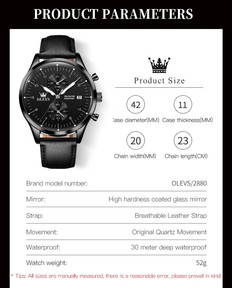 OLEVS 2880 Luxury Man Watch Simple Fashion Leather Strap Chronograph Auto Date Waterproof Luminous Hand Clock Quartz Watches Men