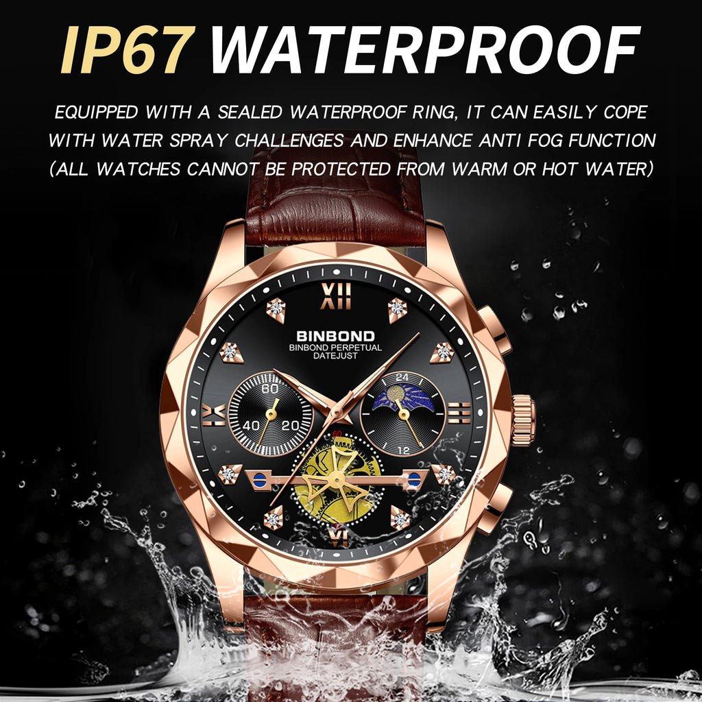 BINBOND Real Leather Strap Luxury Accurate Quartz Wristwatches For Men Luminous Waterproof Chronograph Men's Watch Sport Reloj