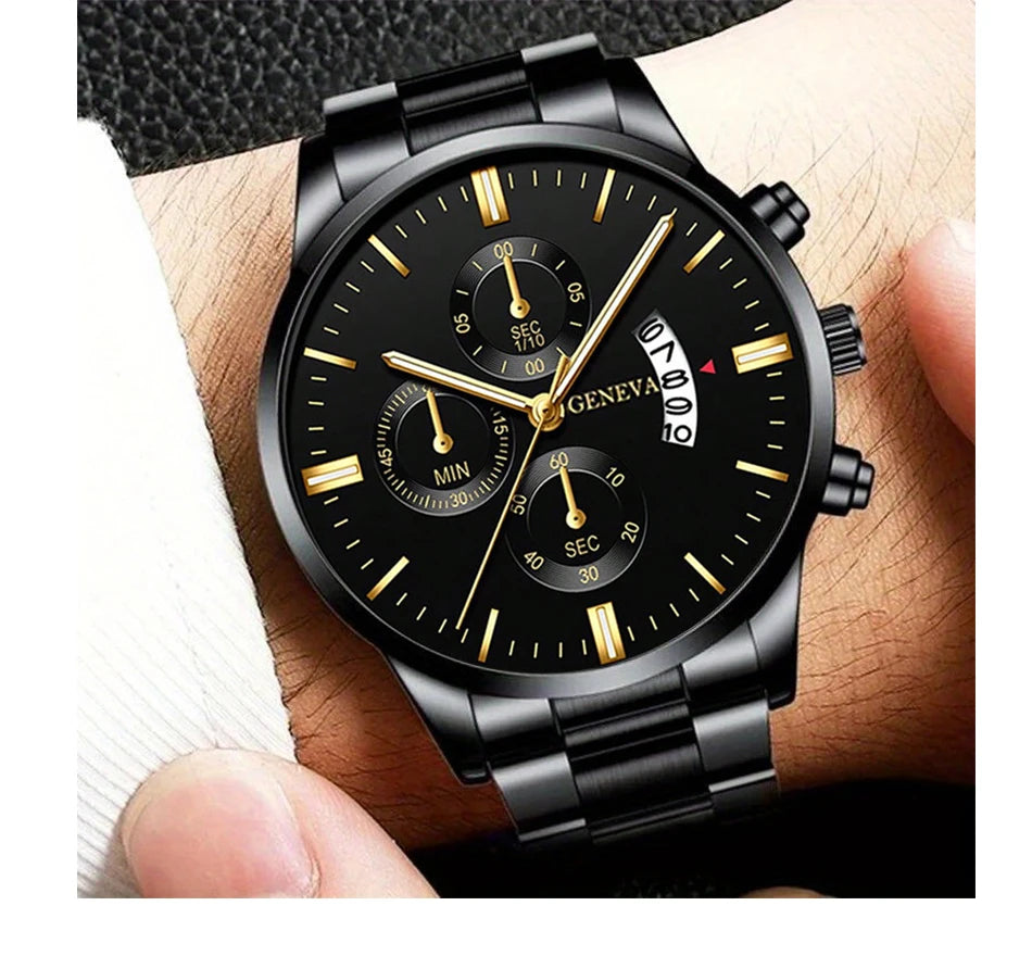 2pcs Fashion Men's Casual Business Sports Stainless Steel Quartz Wristwatch Calendar Male Classic Bracelet Set Luminous Clock