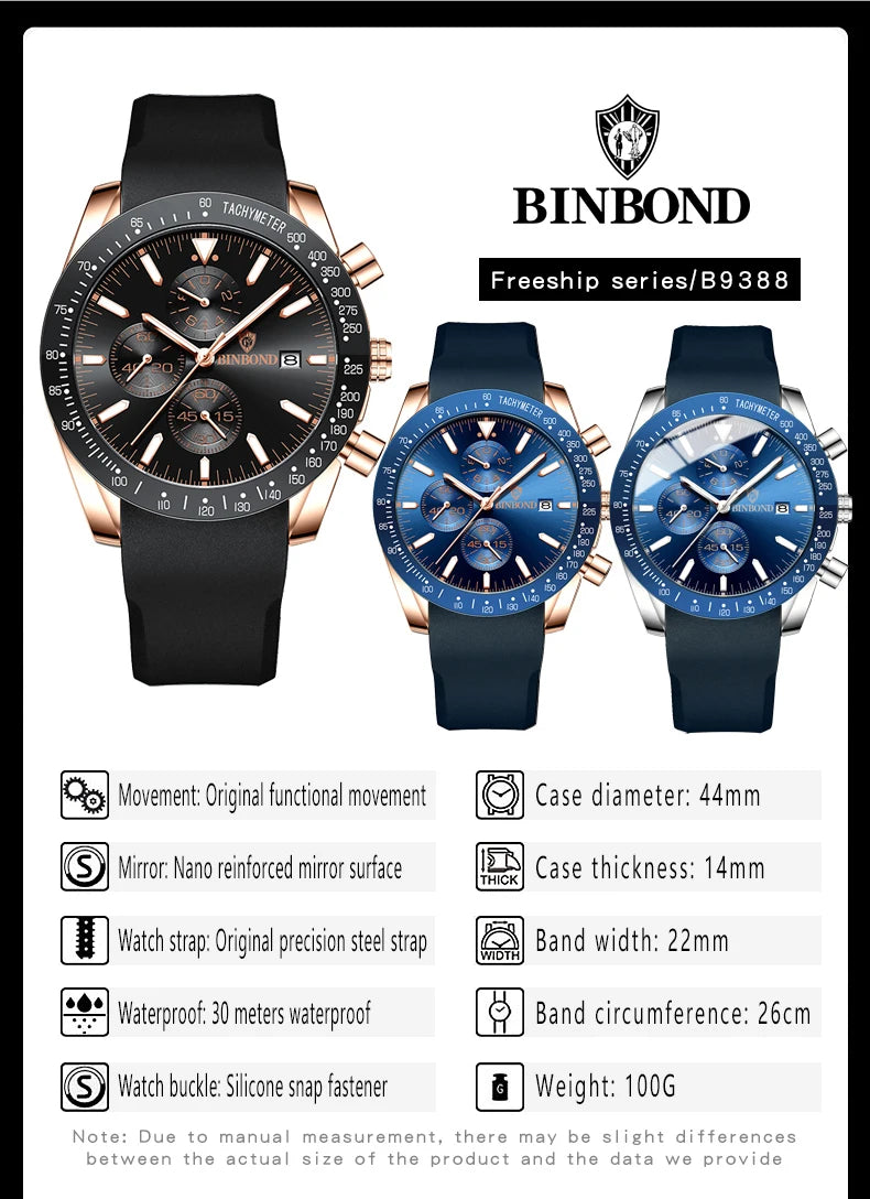 BINBOND Luxury Luminous Waterproof Casual Reloj Chronograph Auto Date Accurate Men's Watch Durable Quartz Wristwatches For Men