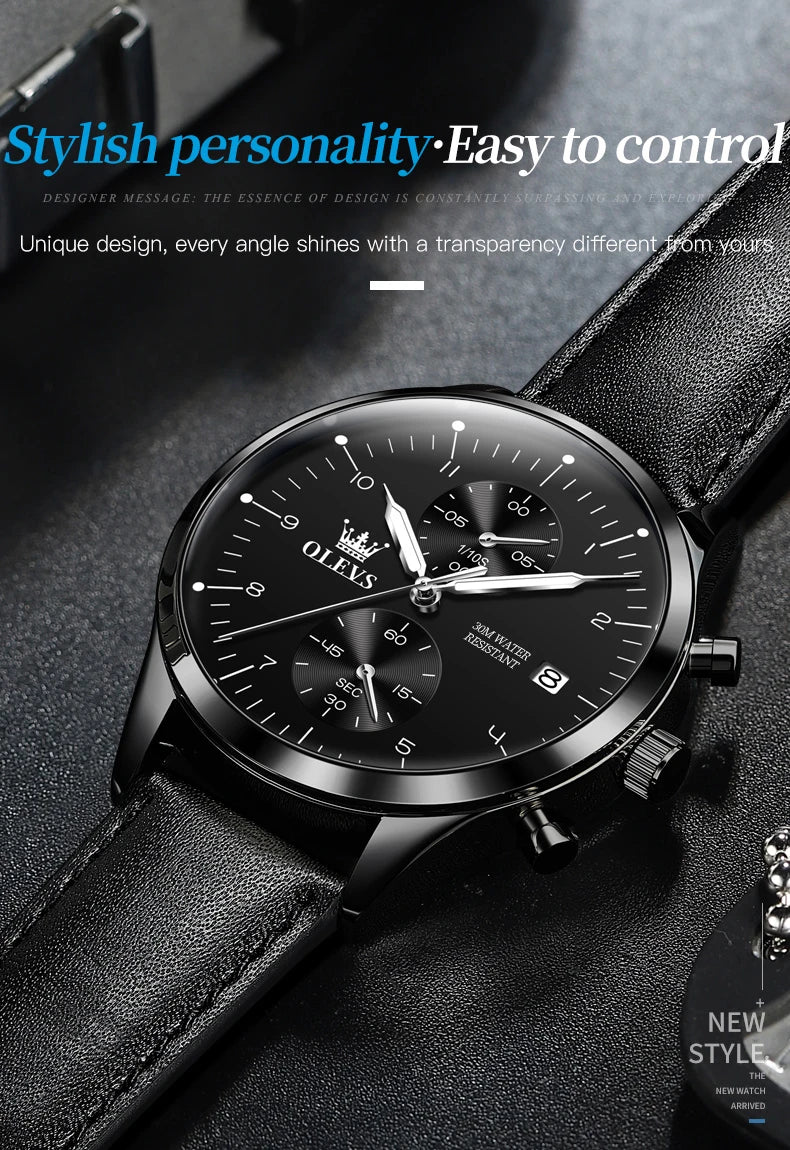 OLEVS 2880 Luxury Man Watch Simple Fashion Leather Strap Chronograph Auto Date Waterproof Luminous Hand Clock Quartz Watches Men