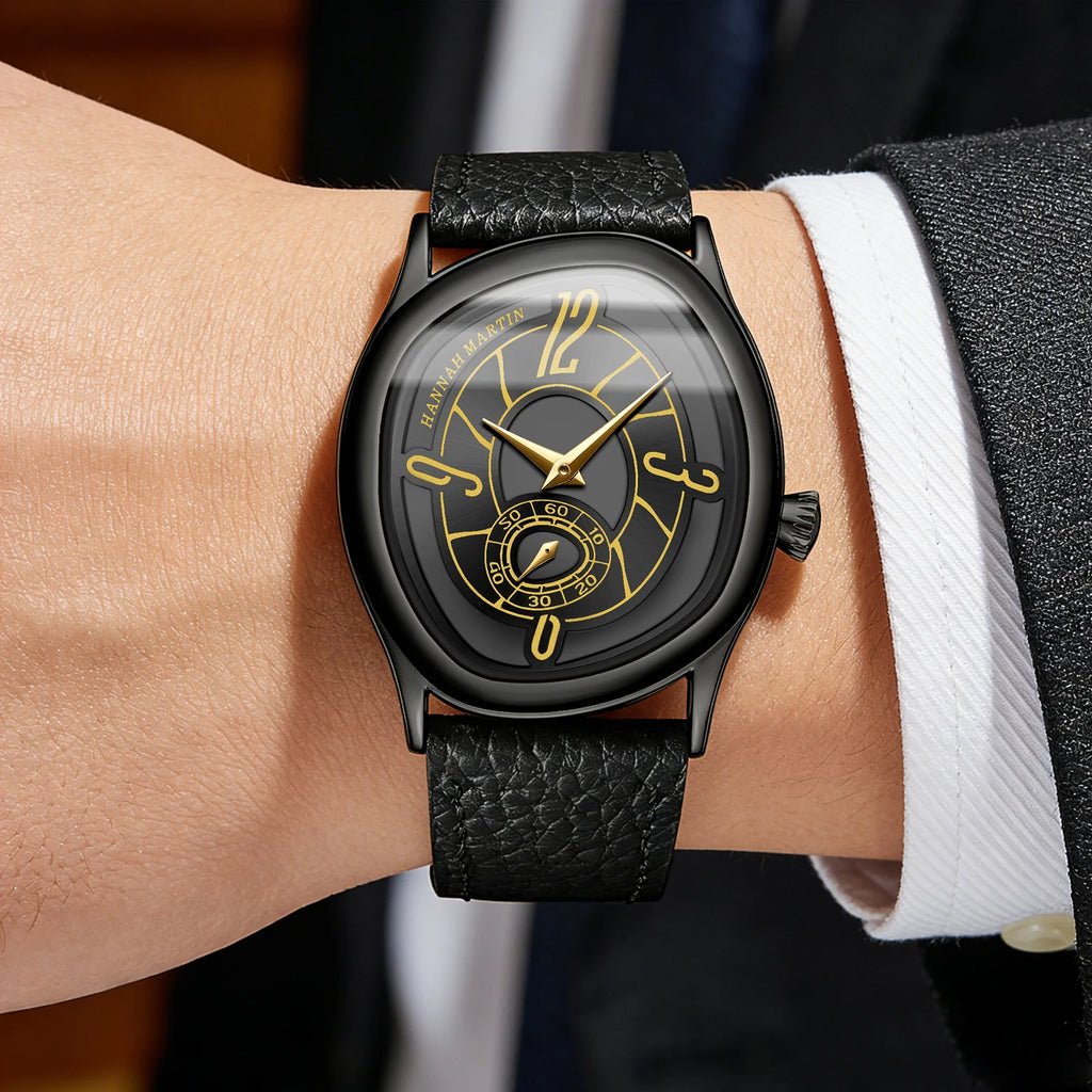 High Quality Genuine Leather Black Quartz Watch Men Fashion Business Trend Steel Waterproof Movement Boutique Men Casual Watch