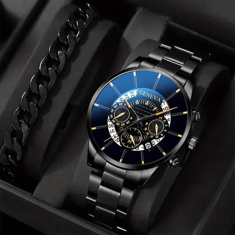 2pcs Fashion Men's Casual Business Sports Stainless Steel Quartz Wristwatch Calendar Male Classic Bracelet Set Luminous Clock