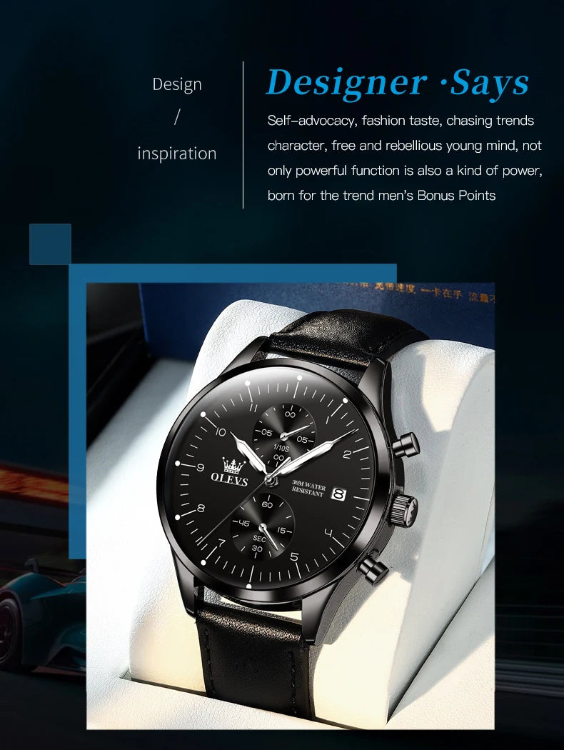 OLEVS 2880 Luxury Man Watch Simple Fashion Leather Strap Chronograph Auto Date Waterproof Luminous Hand Clock Quartz Watches Men