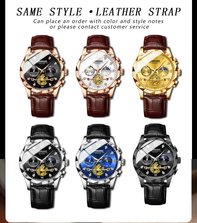 BINBOND Real Leather Strap Luxury Accurate Quartz Wristwatches For Men Luminous Waterproof Chronograph Men's Watch Sport Reloj