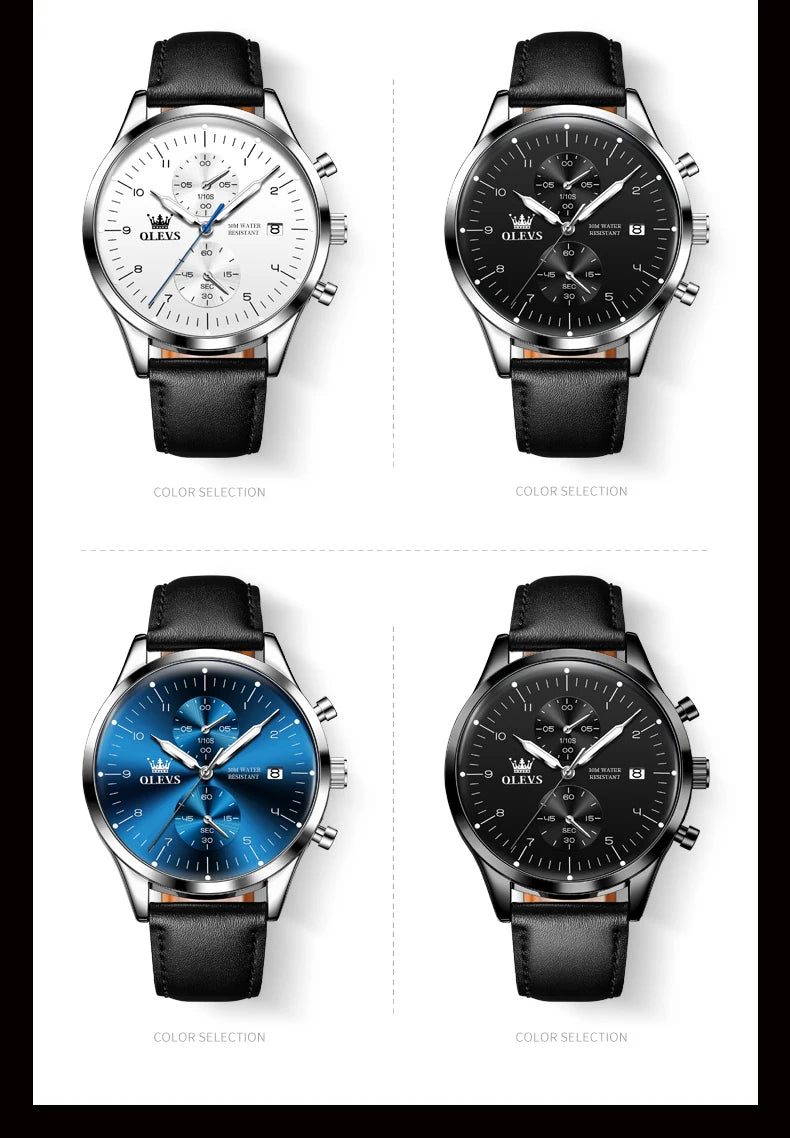 OLEVS 2880 Luxury Man Watch Simple Fashion Leather Strap Chronograph Auto Date Waterproof Luminous Hand Clock Quartz Watches Men