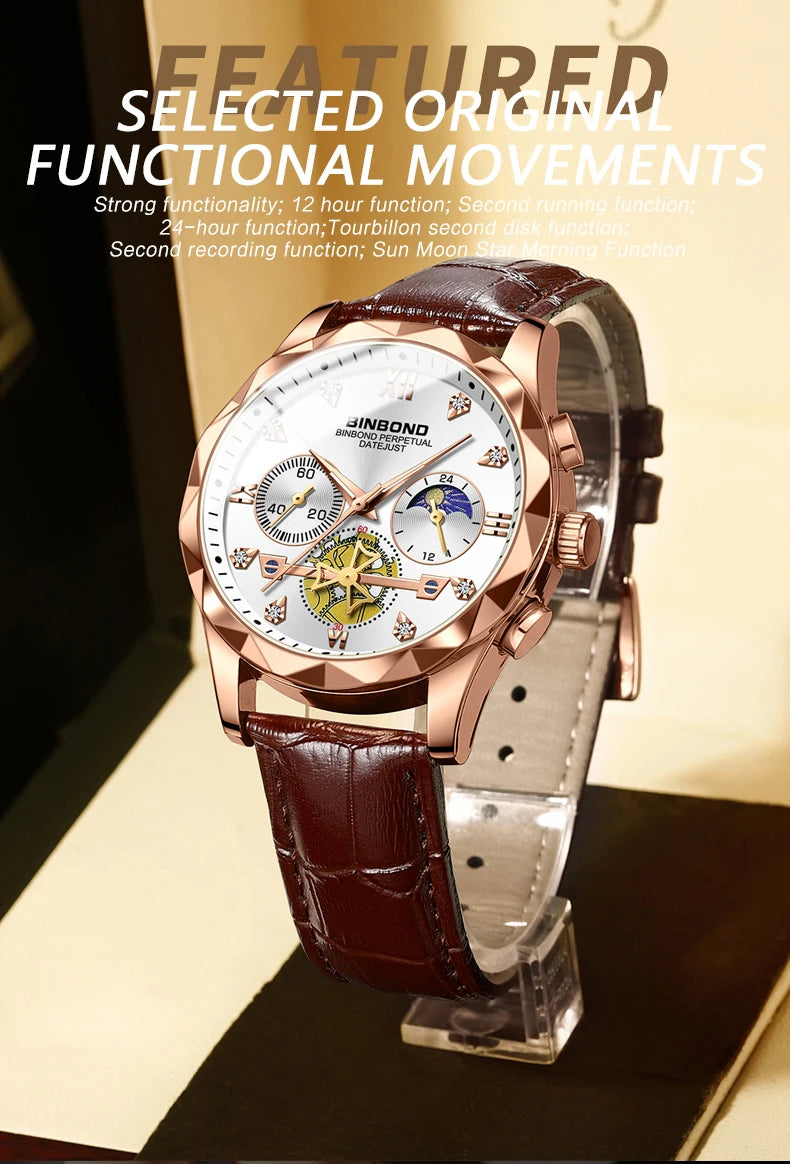 BINBOND Real Leather Strap Luxury Accurate Quartz Wristwatches For Men Luminous Waterproof Chronograph Men's Watch Sport Reloj