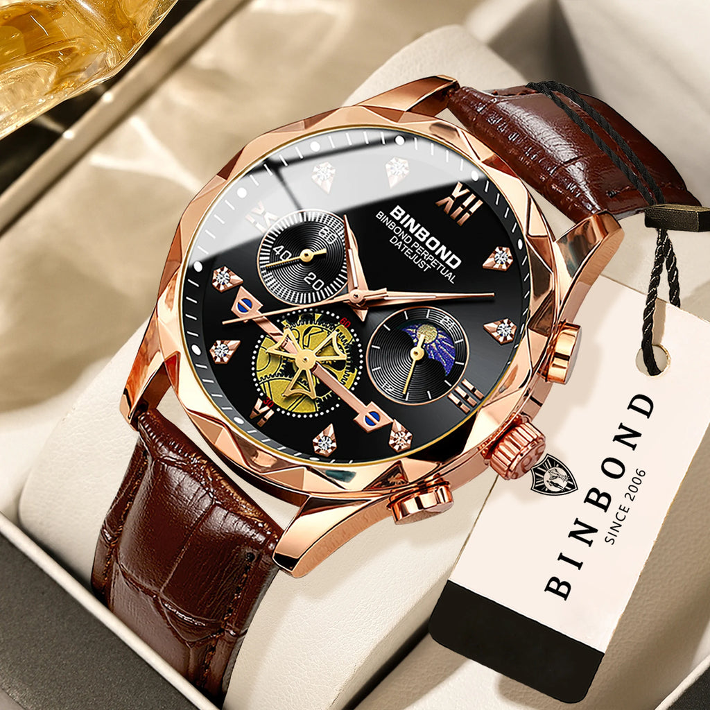 BINBOND Real Leather Strap Luxury Accurate Quartz Wristwatches For Men Luminous Waterproof Chronograph Men's Watch Sport Reloj