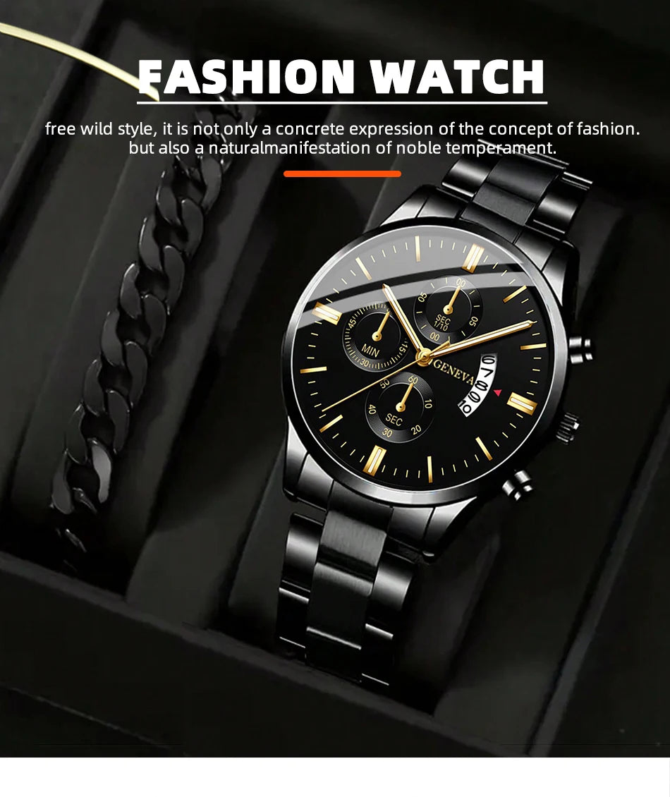 2pcs Fashion Men's Casual Business Sports Stainless Steel Quartz Wristwatch Calendar Male Classic Bracelet Set Luminous Clock