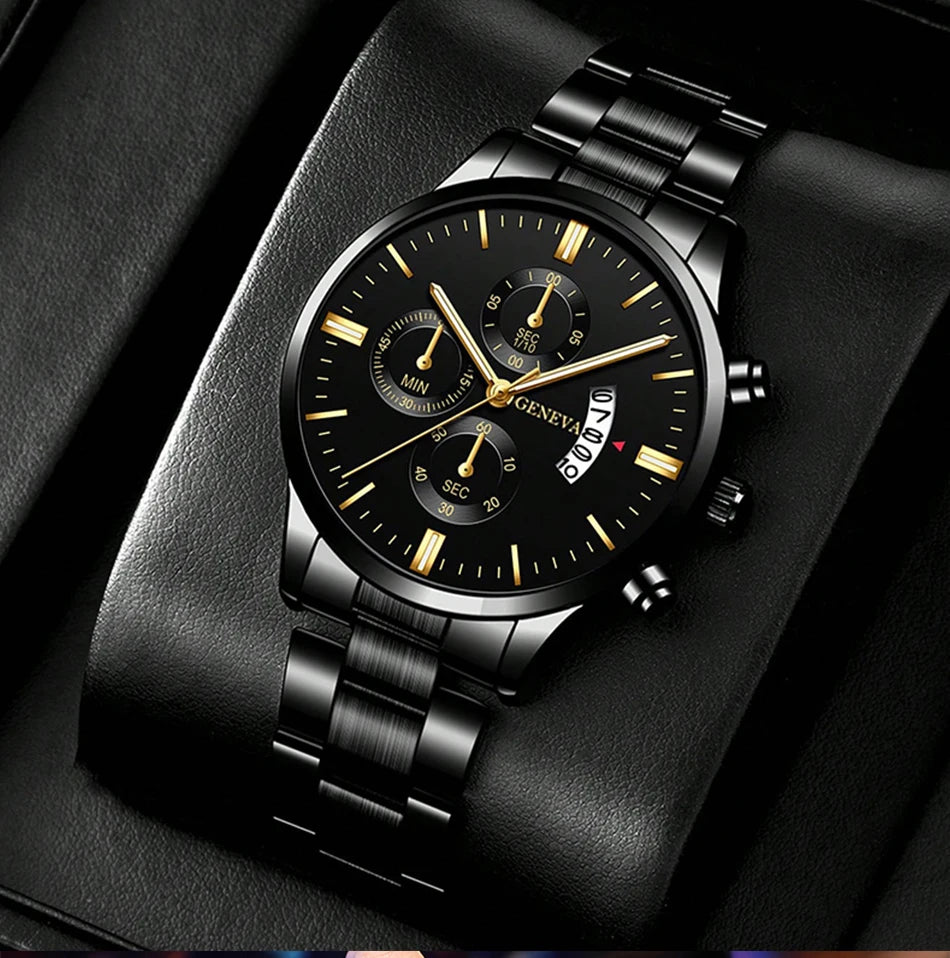 2pcs Fashion Men's Casual Business Sports Stainless Steel Quartz Wristwatch Calendar Male Classic Bracelet Set Luminous Clock
