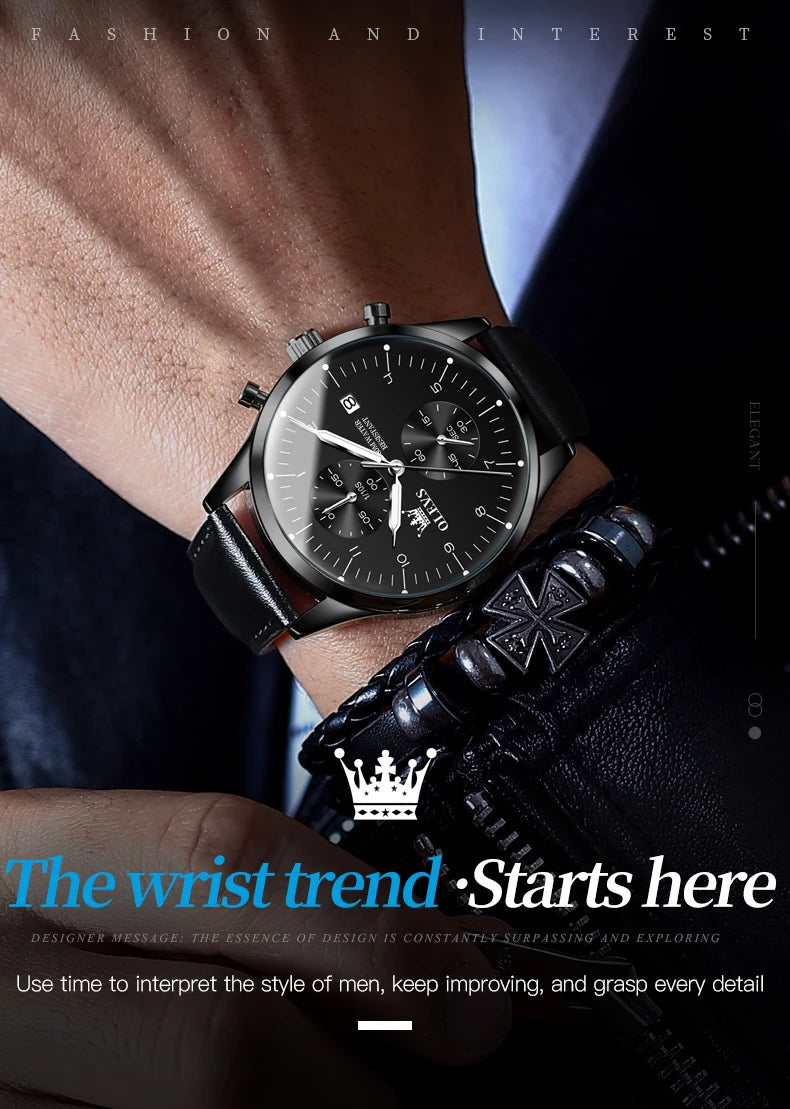 OLEVS 2880 Luxury Man Watch Simple Fashion Leather Strap Chronograph Auto Date Waterproof Luminous Hand Clock Quartz Watches Men