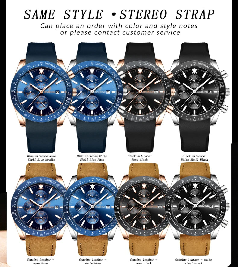 BINBOND Luxury Luminous Waterproof Casual Reloj Chronograph Auto Date Accurate Men's Watch Durable Quartz Wristwatches For Men