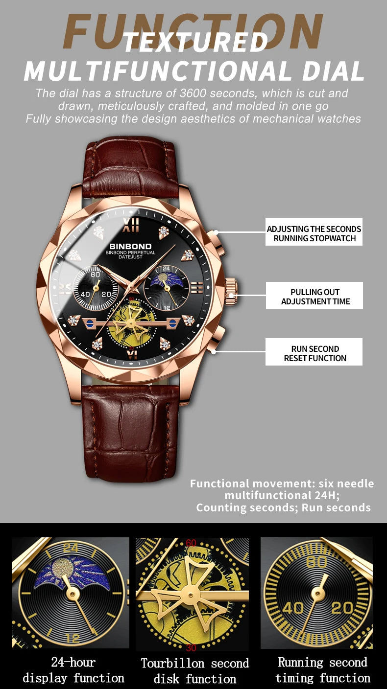 BINBOND Real Leather Strap Luxury Accurate Quartz Wristwatches For Men Luminous Waterproof Chronograph Men's Watch Sport Reloj