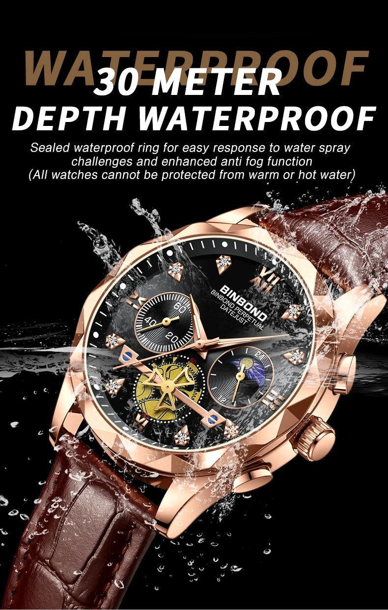 BINBOND Real Leather Strap Luxury Accurate Quartz Wristwatches For Men Luminous Waterproof Chronograph Men's Watch Sport Reloj