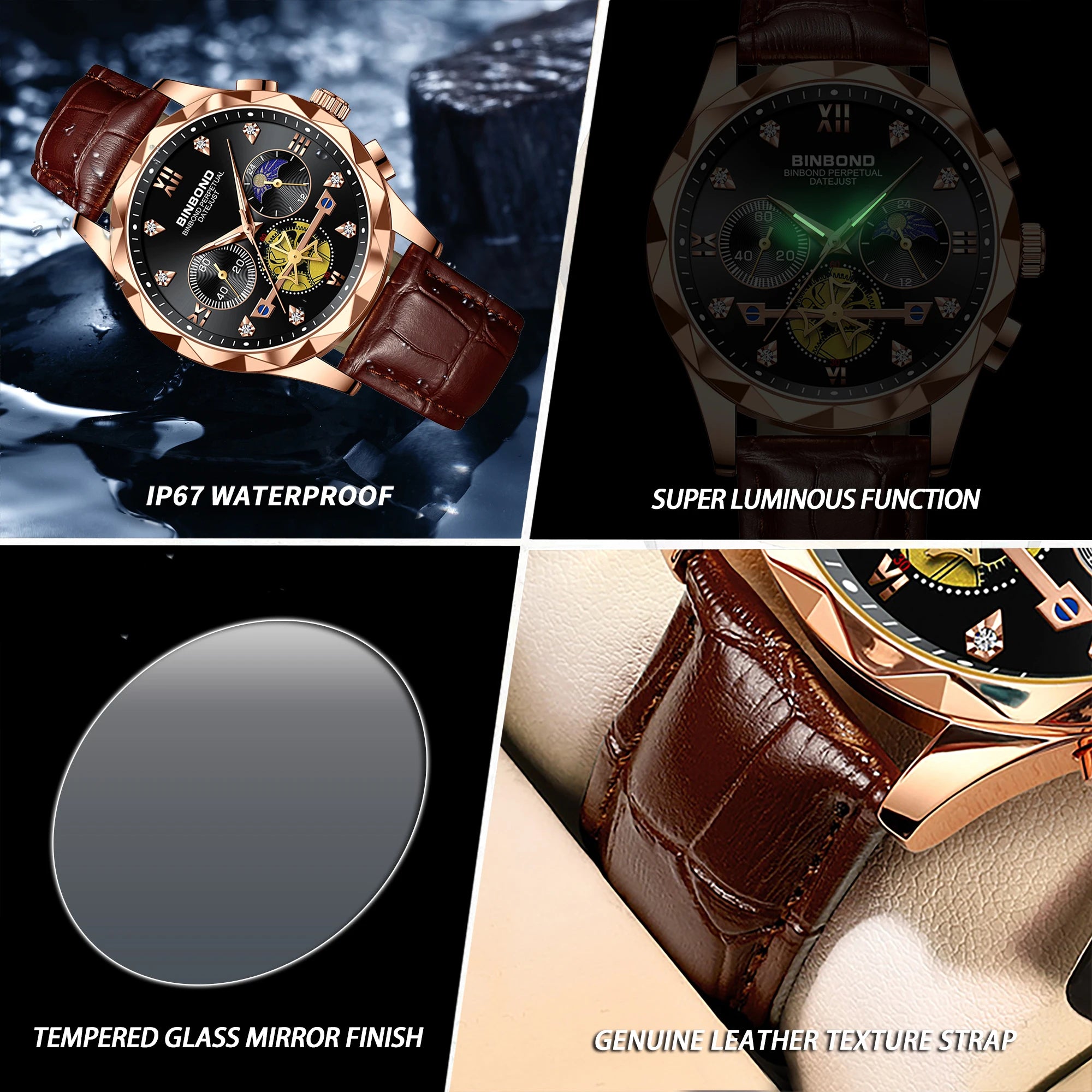 BINBOND Real Leather Strap Luxury Accurate Quartz Wristwatches For Men Luminous Waterproof Chronograph Men's Watch Sport Reloj