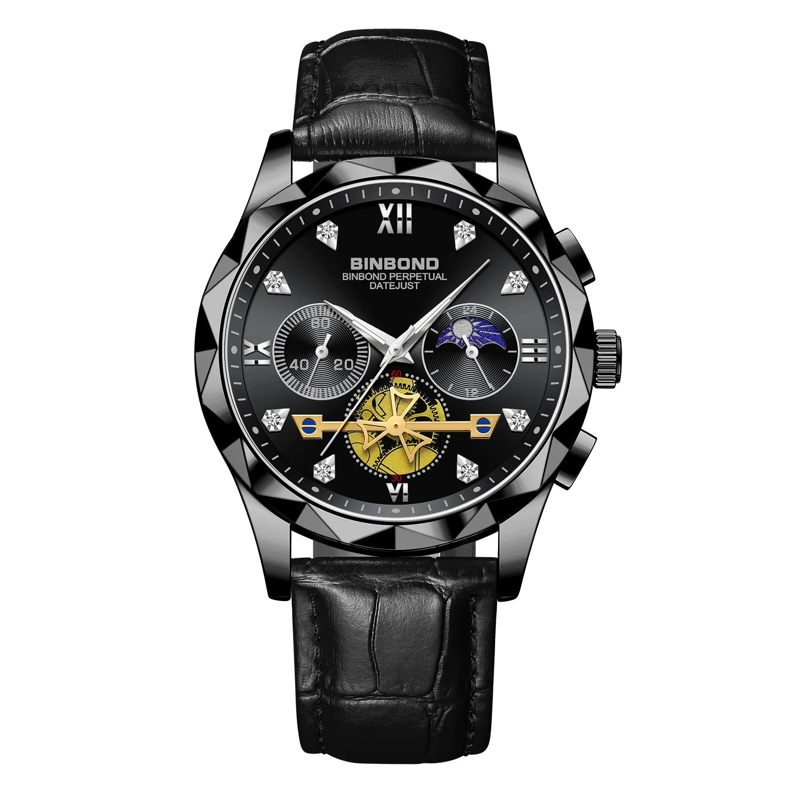 BINBOND Real Leather Strap Luxury Accurate Quartz Wristwatches For Men Luminous Waterproof Chronograph Men's Watch Sport Reloj
