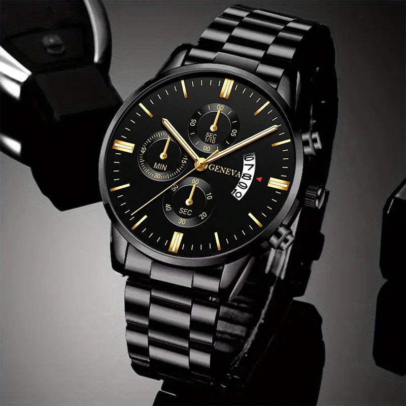 2pcs Fashion Men's Casual Business Sports Stainless Steel Quartz Wristwatch Calendar Male Classic Bracelet Set Luminous Clock