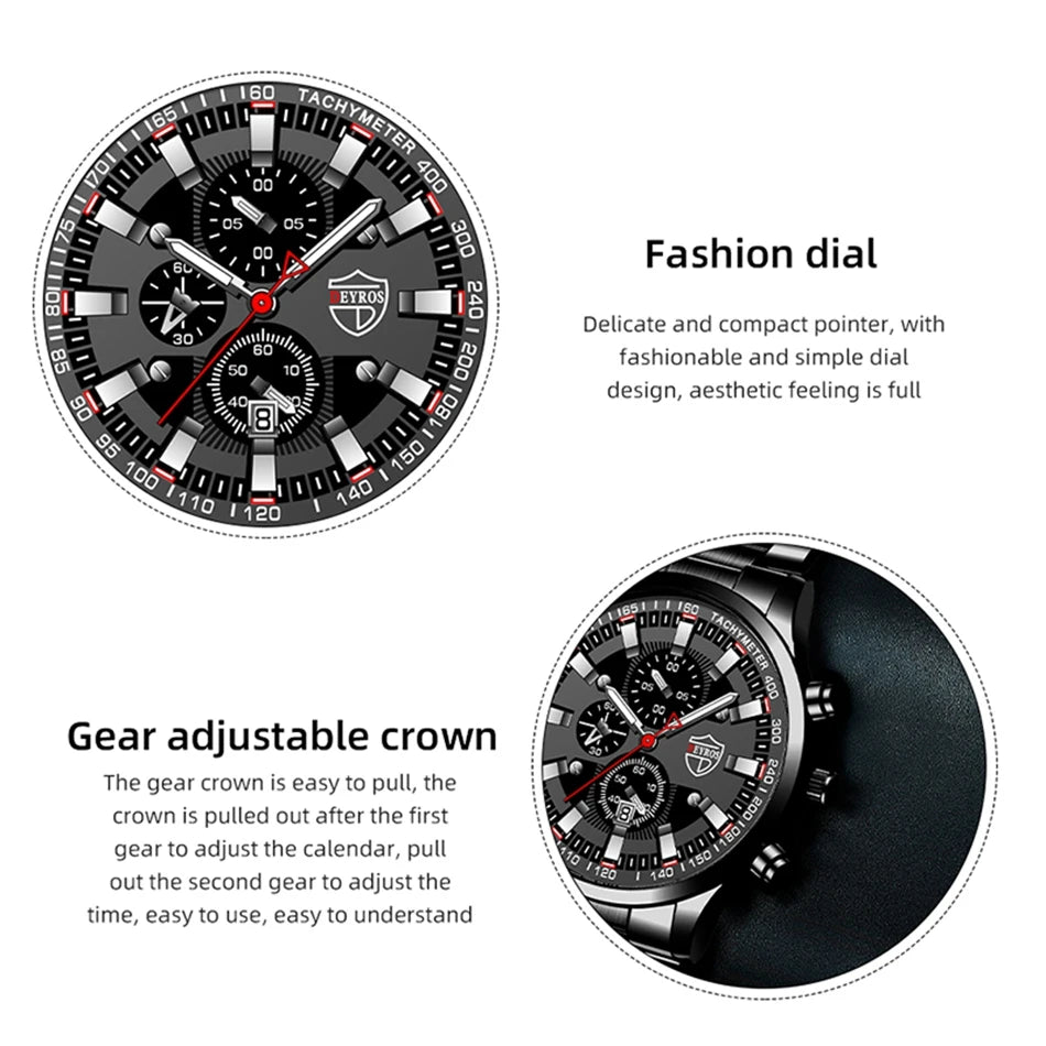 2023 Mens Watches Fashion Luxury Men Black Stainless Steel Quartz Wristwatch Man Business Casual Leather Watch relogio masculino