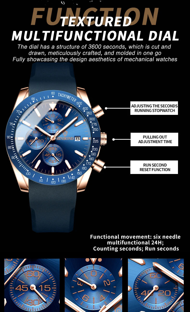 BINBOND Luxury Luminous Waterproof Casual Reloj Chronograph Auto Date Accurate Men's Watch Durable Quartz Wristwatches For Men