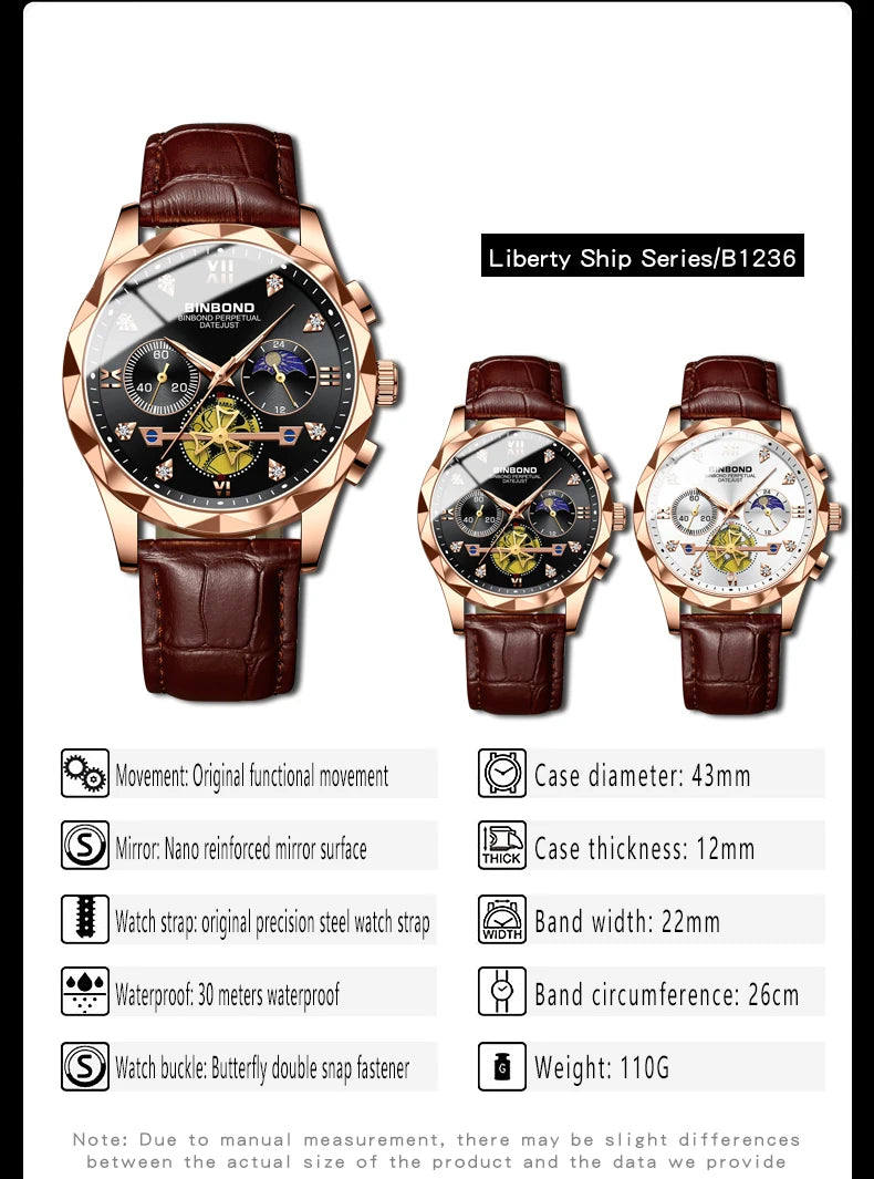 BINBOND Real Leather Strap Luxury Accurate Quartz Wristwatches For Men Luminous Waterproof Chronograph Men's Watch Sport Reloj