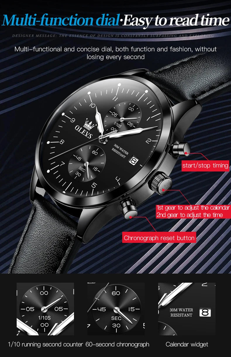 OLEVS 2880 Luxury Man Watch Simple Fashion Leather Strap Chronograph Auto Date Waterproof Luminous Hand Clock Quartz Watches Men