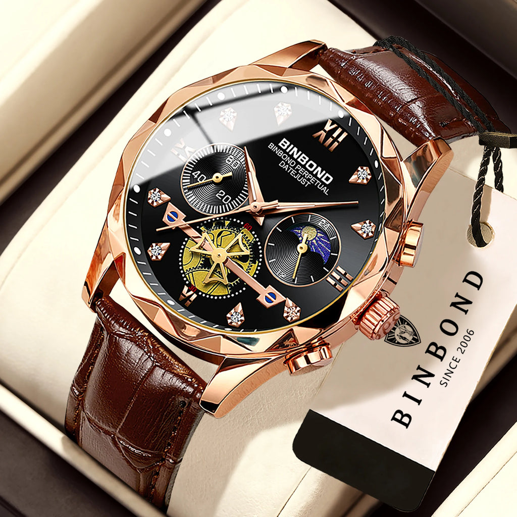 BINBOND Real Leather Strap Luxury Accurate Quartz Wristwatches For Men Luminous Waterproof Chronograph Men's Watch Sport Reloj