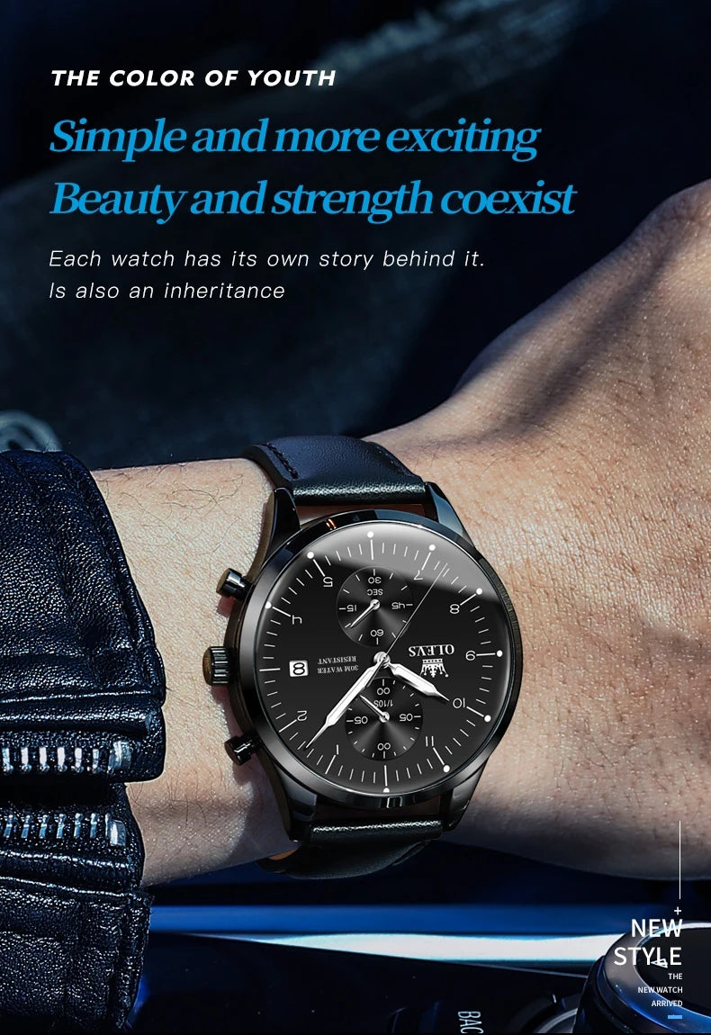 OLEVS 2880 Luxury Man Watch Simple Fashion Leather Strap Chronograph Auto Date Waterproof Luminous Hand Clock Quartz Watches Men