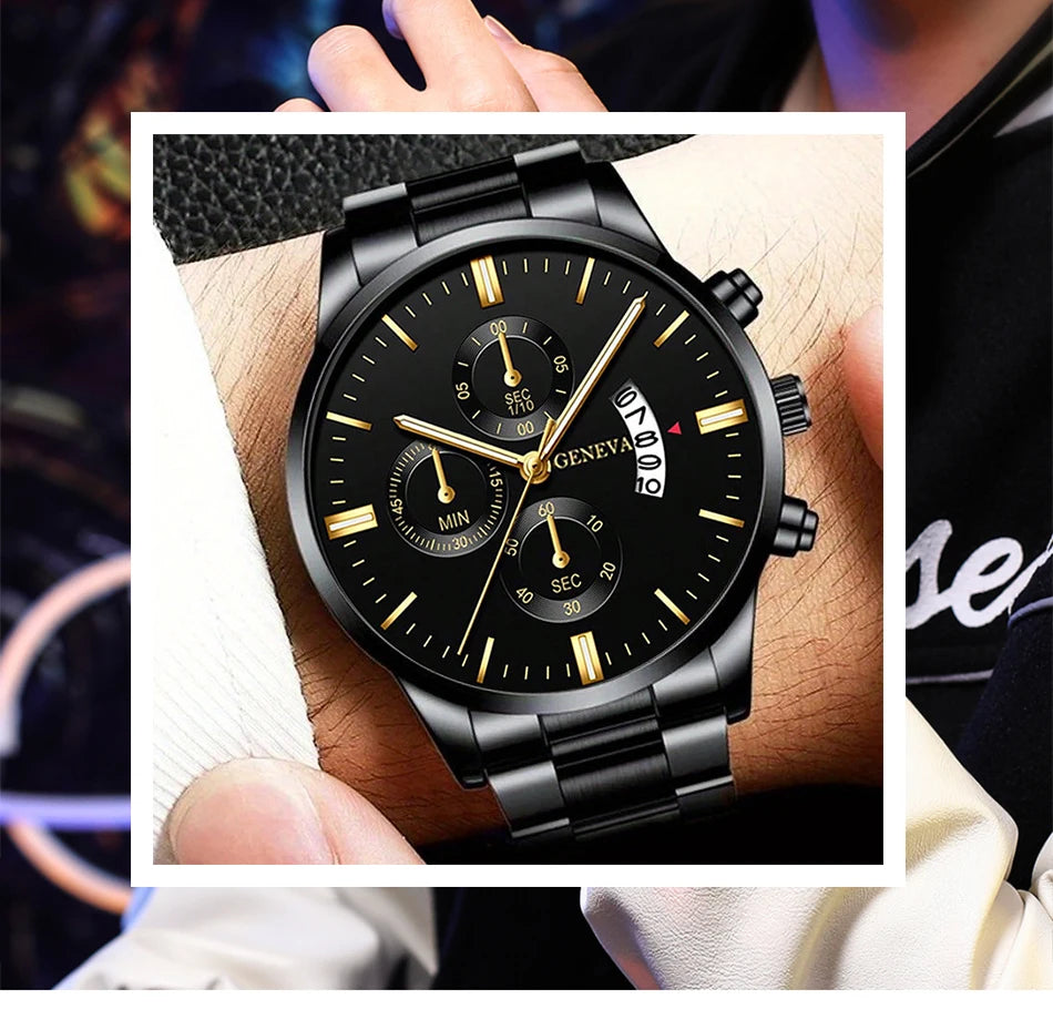 2pcs Fashion Men's Casual Business Sports Stainless Steel Quartz Wristwatch Calendar Male Classic Bracelet Set Luminous Clock