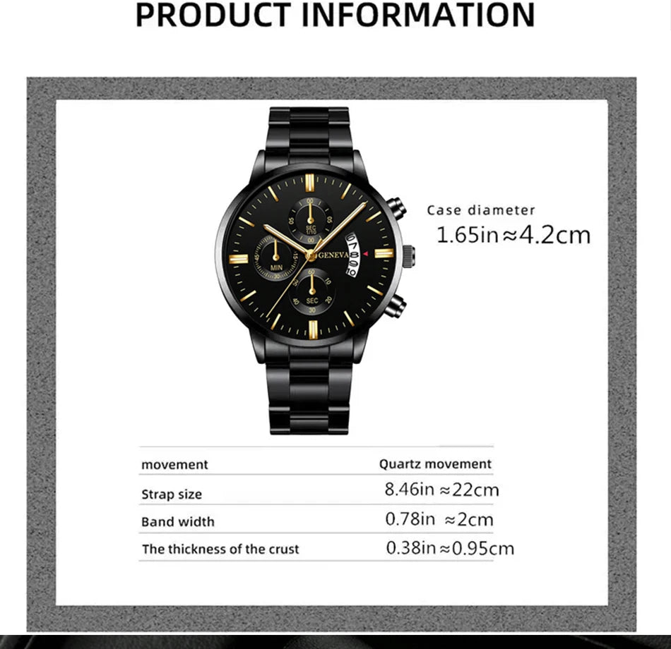 2pcs Fashion Men's Casual Business Sports Stainless Steel Quartz Wristwatch Calendar Male Classic Bracelet Set Luminous Clock