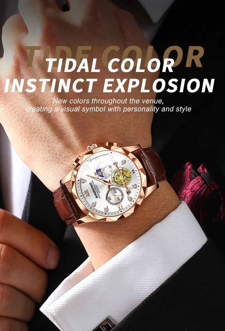 BINBOND Real Leather Strap Luxury Accurate Quartz Wristwatches For Men Luminous Waterproof Chronograph Men's Watch Sport Reloj