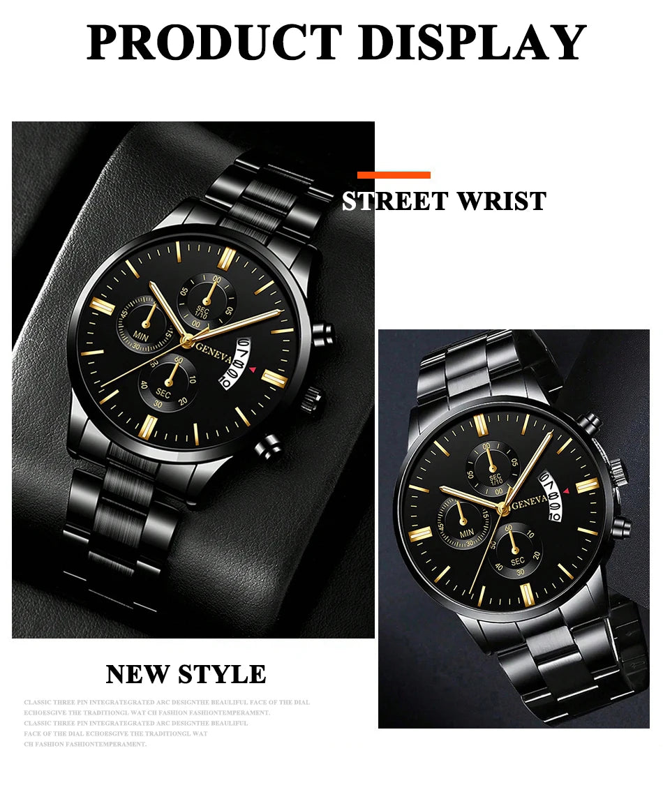 2pcs Fashion Men's Casual Business Sports Stainless Steel Quartz Wristwatch Calendar Male Classic Bracelet Set Luminous Clock