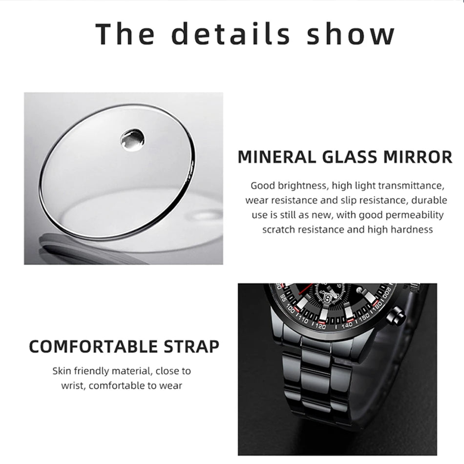 2023 Mens Watches Fashion Luxury Men Black Stainless Steel Quartz Wristwatch Man Business Casual Leather Watch relogio masculino