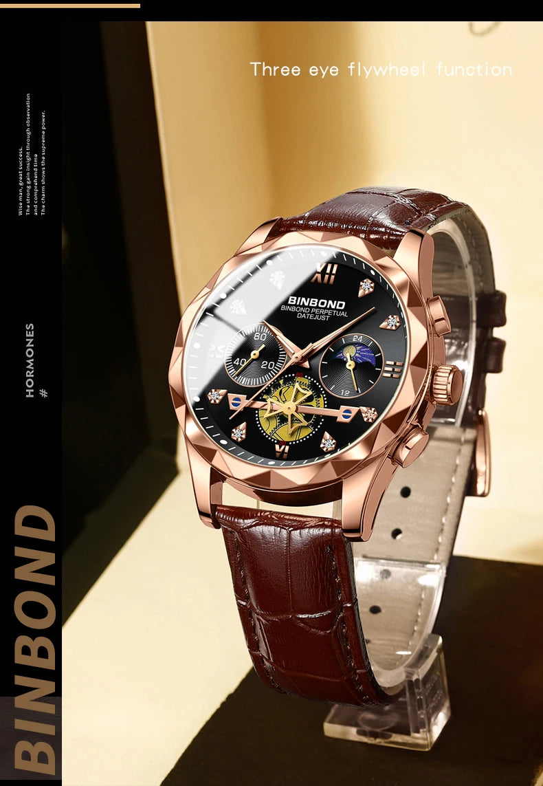 BINBOND Real Leather Strap Luxury Accurate Quartz Wristwatches For Men Luminous Waterproof Chronograph Men's Watch Sport Reloj