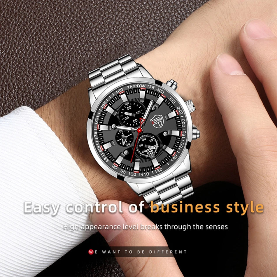 2023 Mens Watches Fashion Luxury Men Black Stainless Steel Quartz Wristwatch Man Business Casual Leather Watch relogio masculino