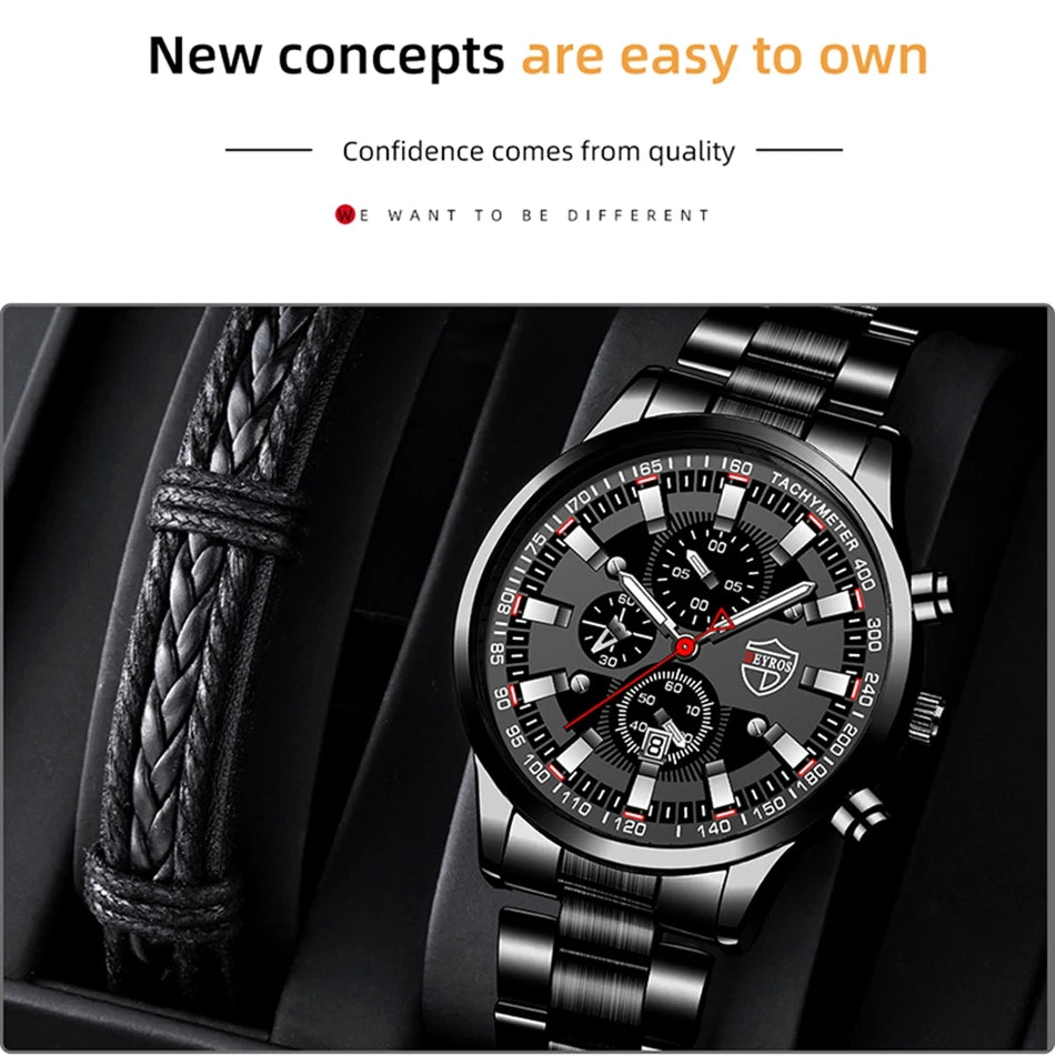 2023 Mens Watches Fashion Luxury Men Black Stainless Steel Quartz Wristwatch Man Business Casual Leather Watch relogio masculino
